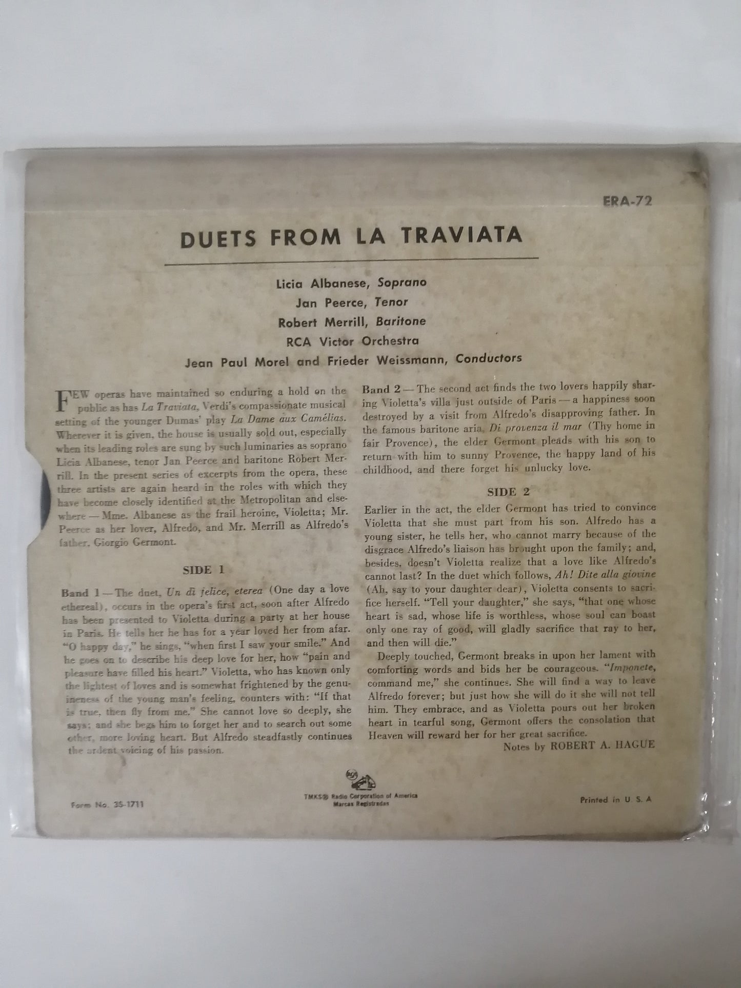 VINILO LICIA ALBANESE - JAN PEERCE - ROBERT MERRILL - VERDI - LA TRAVIATA ACT I / LA TRAVIATA ACT II