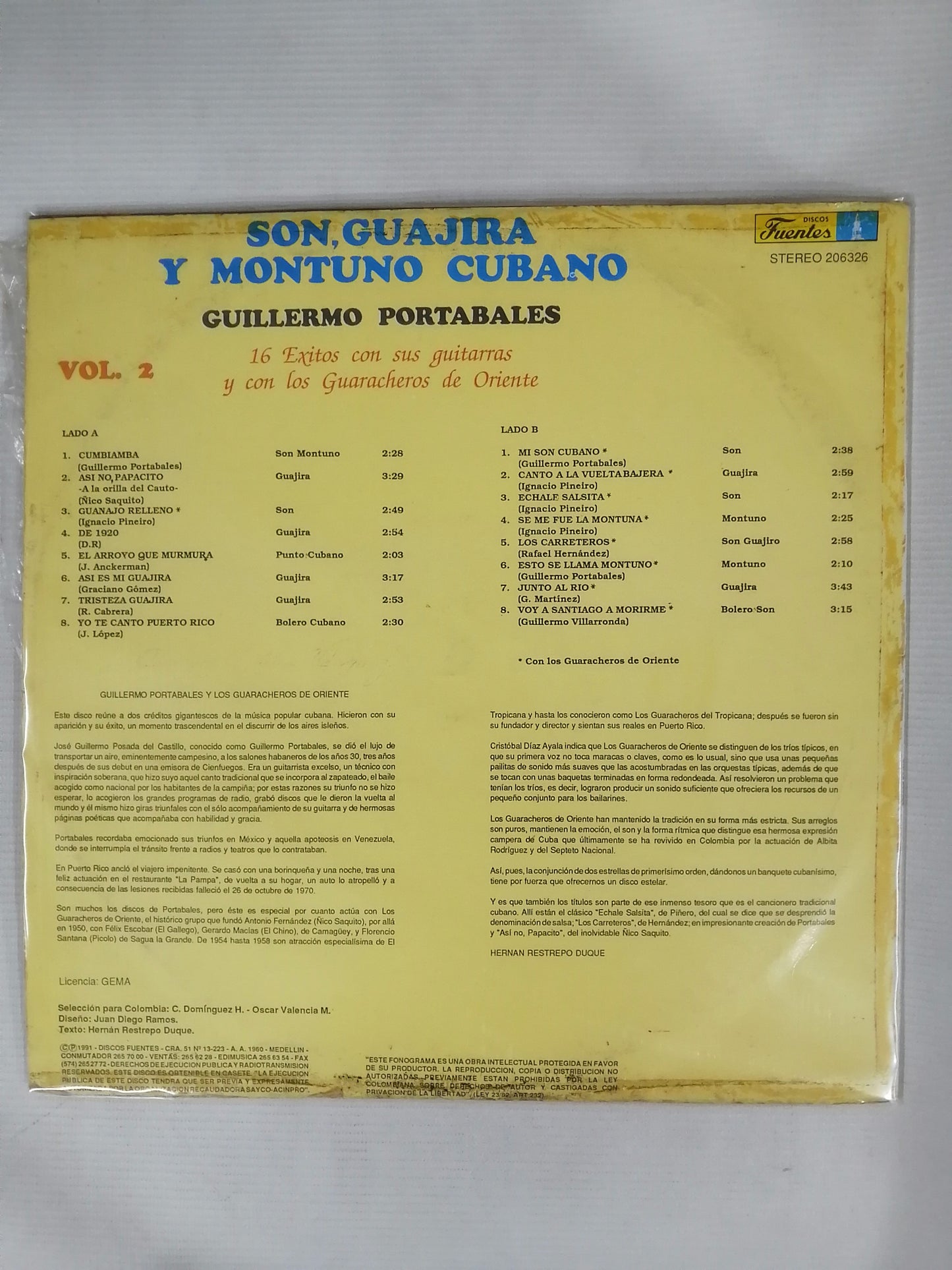 LP GUILLERMO PORTABALES - 16 EXITOS CON SUS GUITARRAS Y CON LOS GUARACHEROS DE ORIENTE VOL. 2