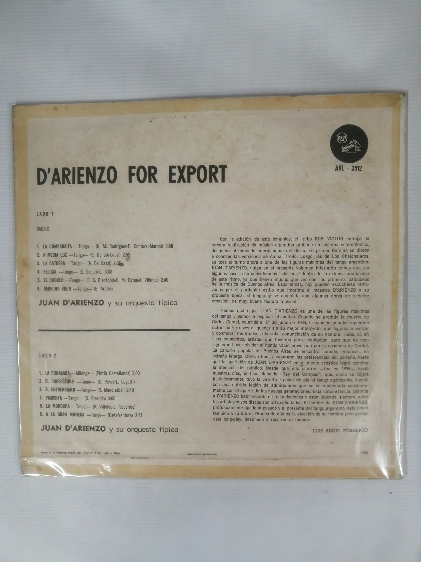 LP JUAN D´ARIENZO - D´ARIENZO FOR EXPORT